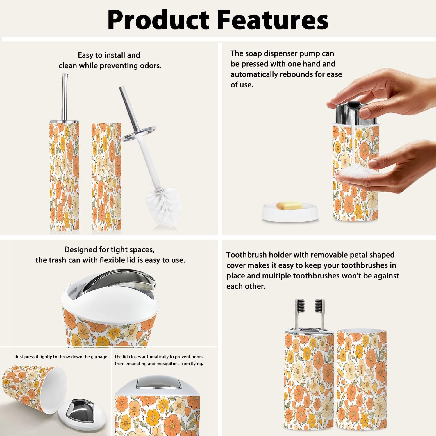Boho Retro Floral Bathroom Accessories Set 6 Piece