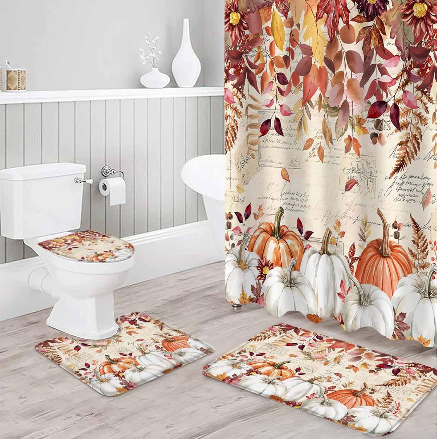 Thanksgiving Fall Bathroom Set with Shower Curtain Rug and Accessories