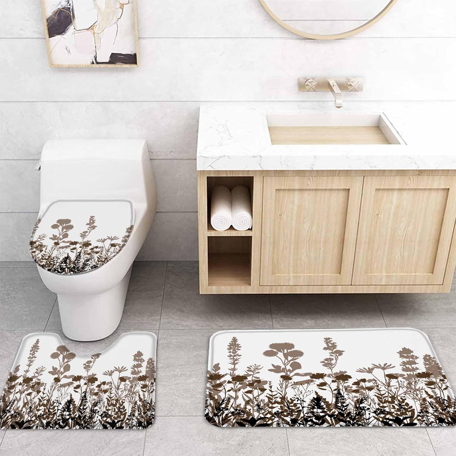 Brown Botanical Bathroom Set with Rug and Hooks