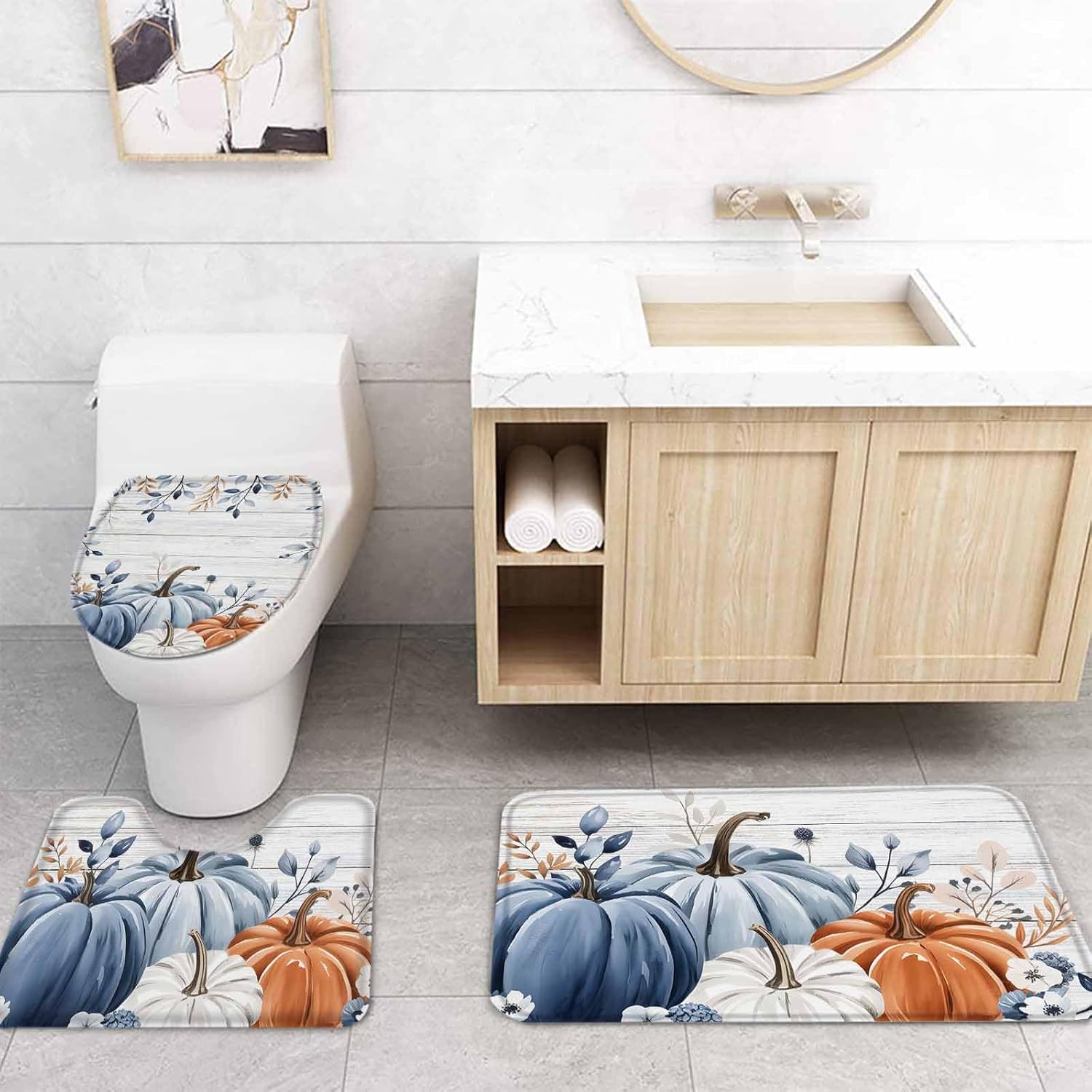 Thanksgiving Autumn Bathroom Set with Rug and Hooks 1