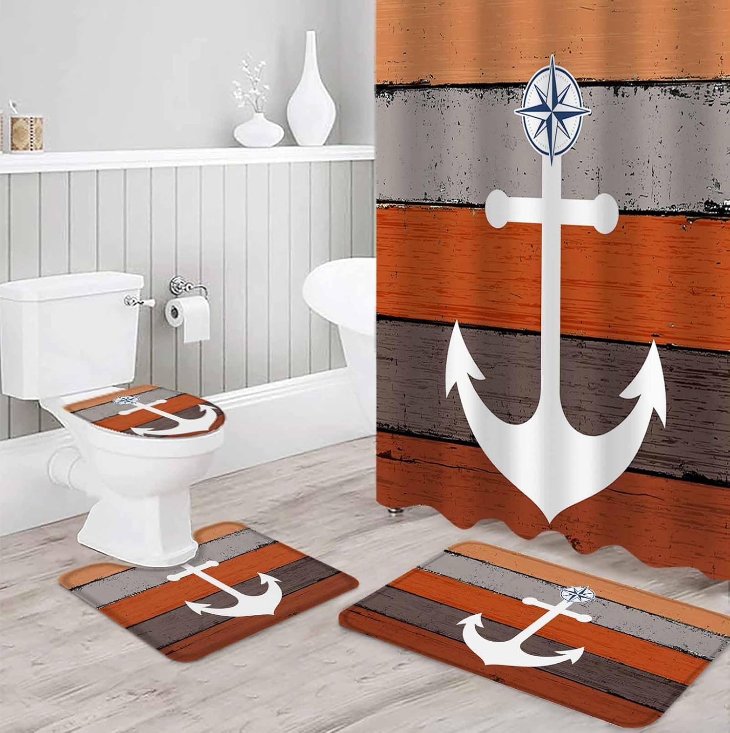 Anchor Orange Bathroom Set with Shower Curtain and Rug
