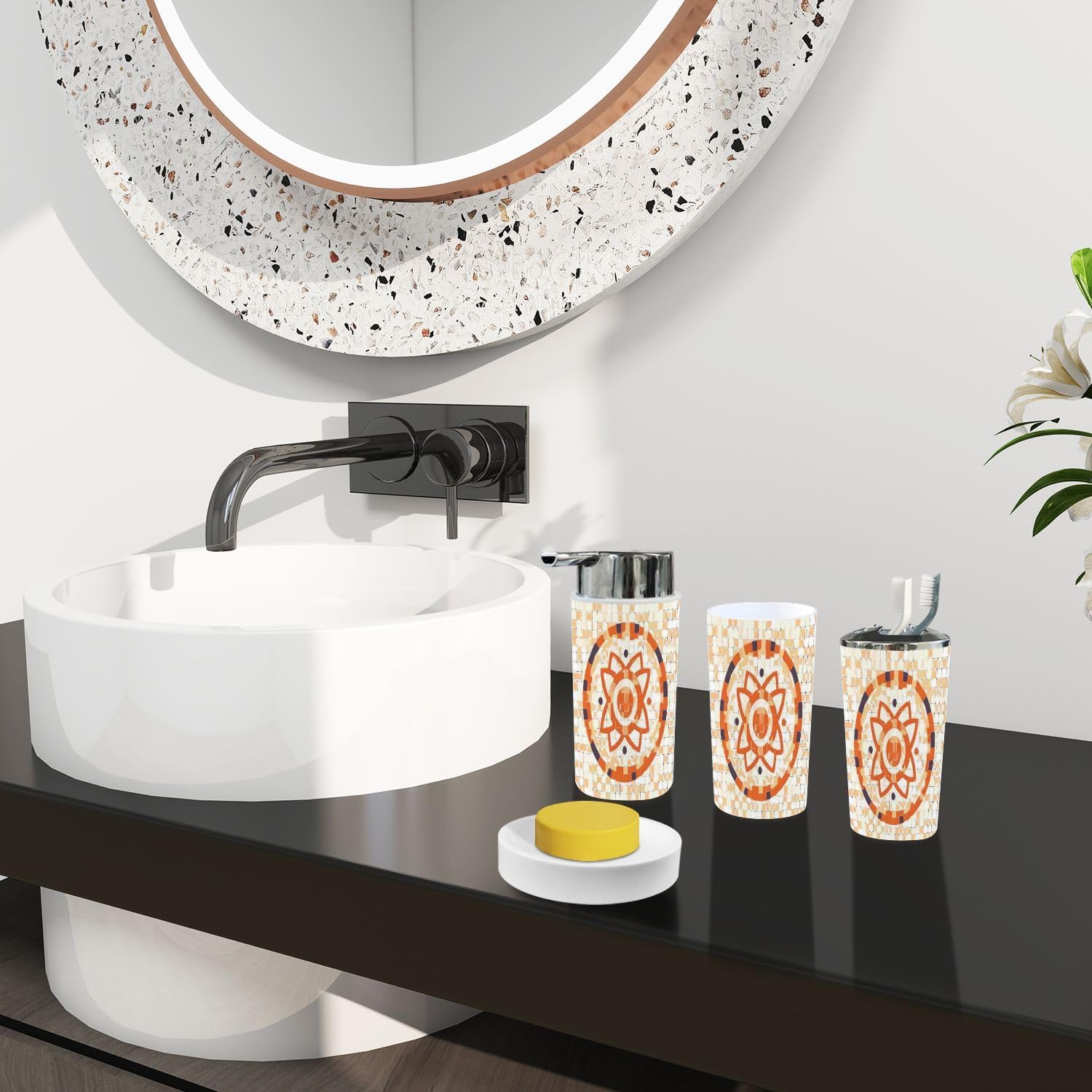 Boho Orange Tile Bathroom Accessory Set 6 Piece