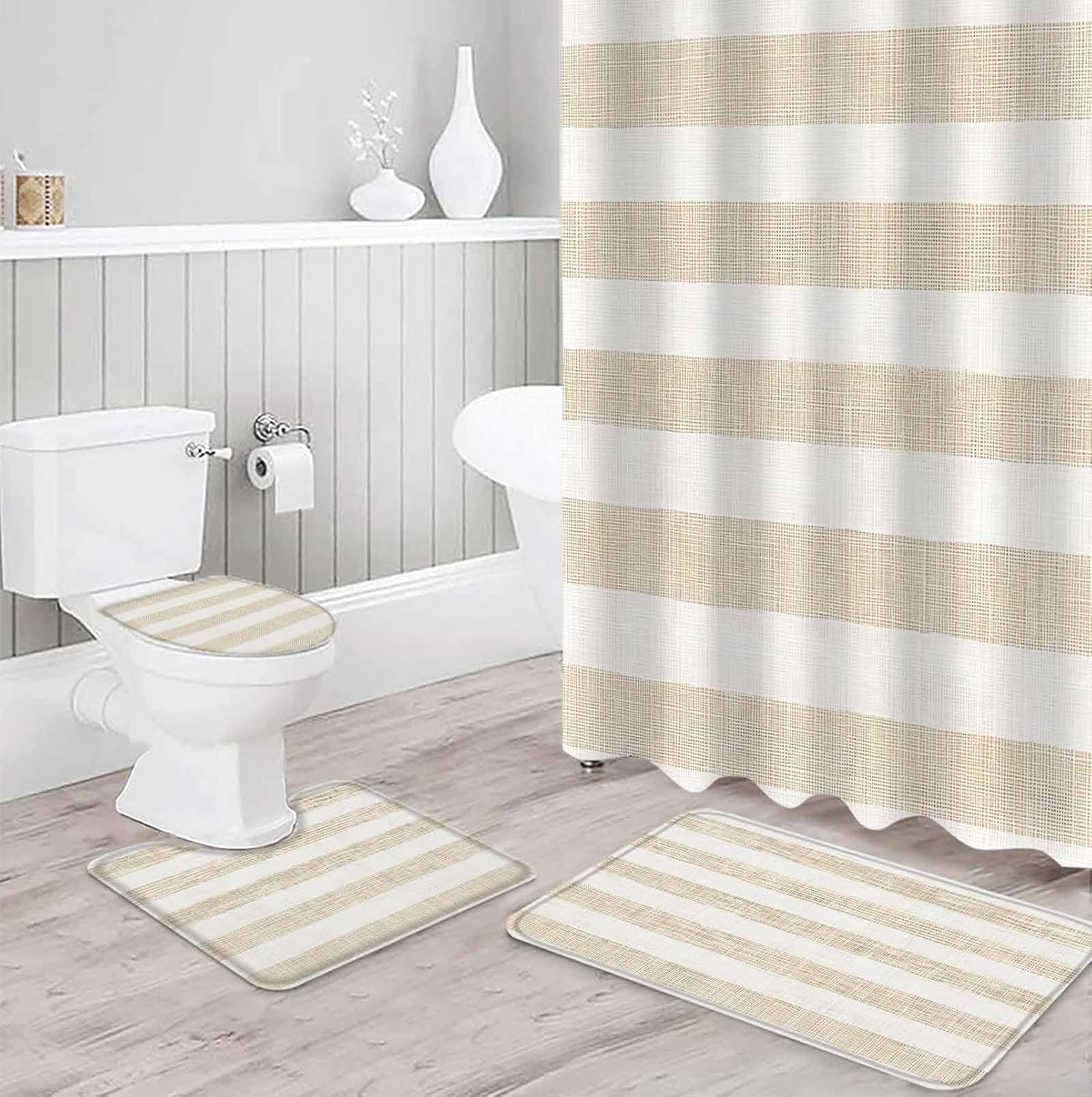 ZOE GARDEN Beige Stripe Bathroom Set with Shower Curtain and Rug