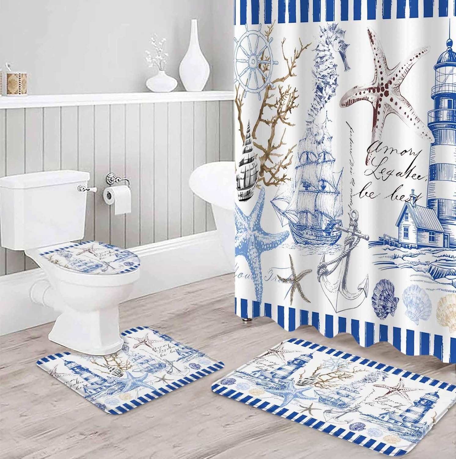 Coastal Blue Bathroom Set with Shower Curtain Rug and Accessories
