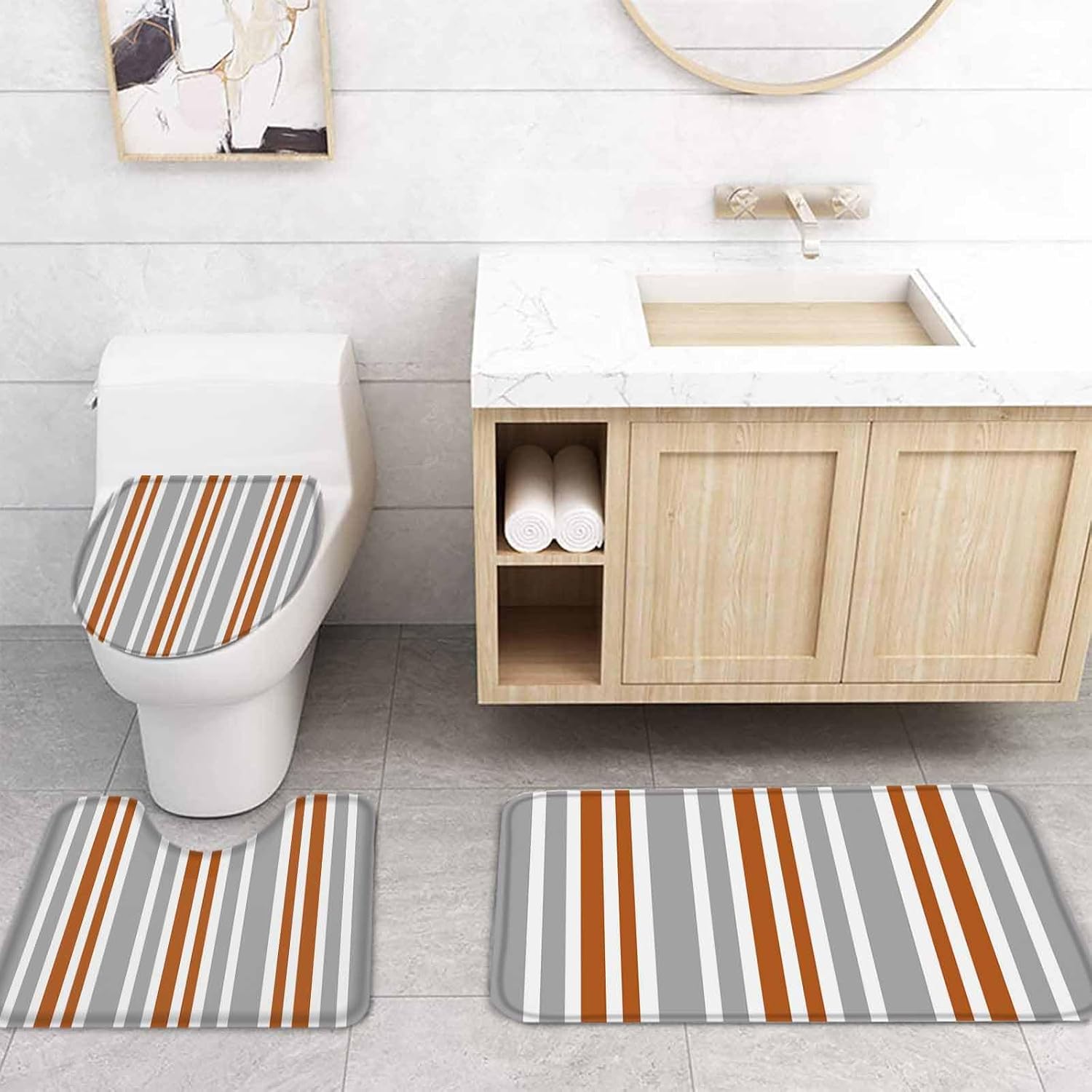 ZOE GARDEN Orange Striped Bathroom Set with Curtain and Rug
