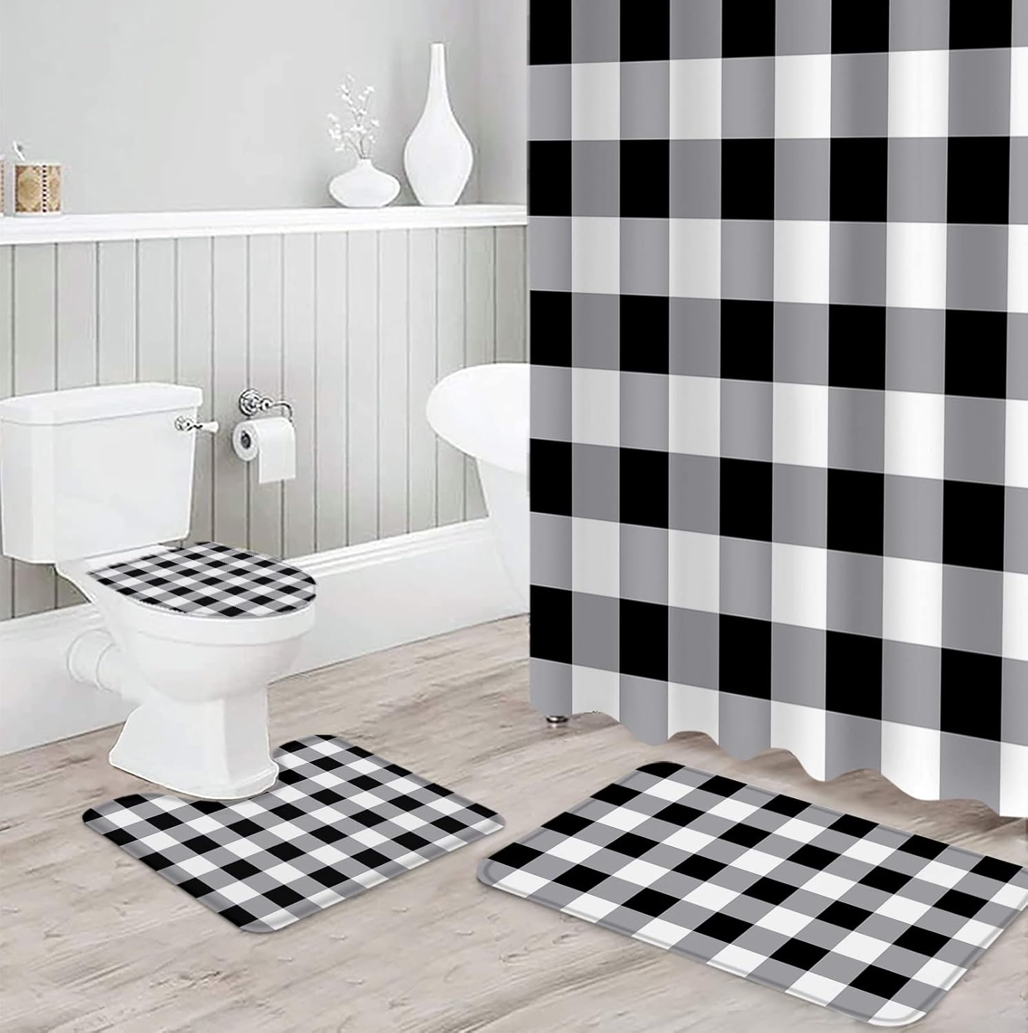 ZOE GARDEN Black and White Buffalo Plaid Bathroom Set