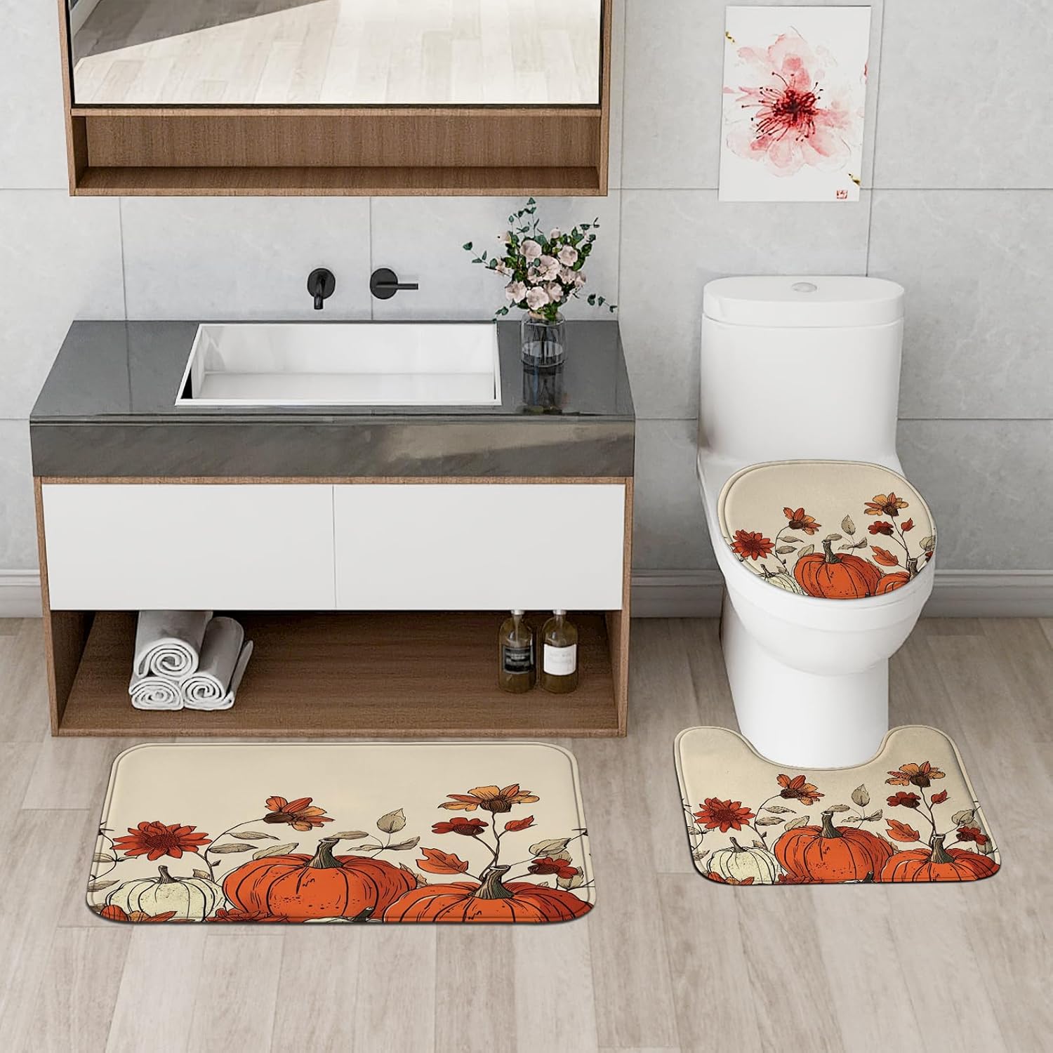 4PCS Fall Cream Pumpkin Bath Set with Non-Slip Rug and U Shape
