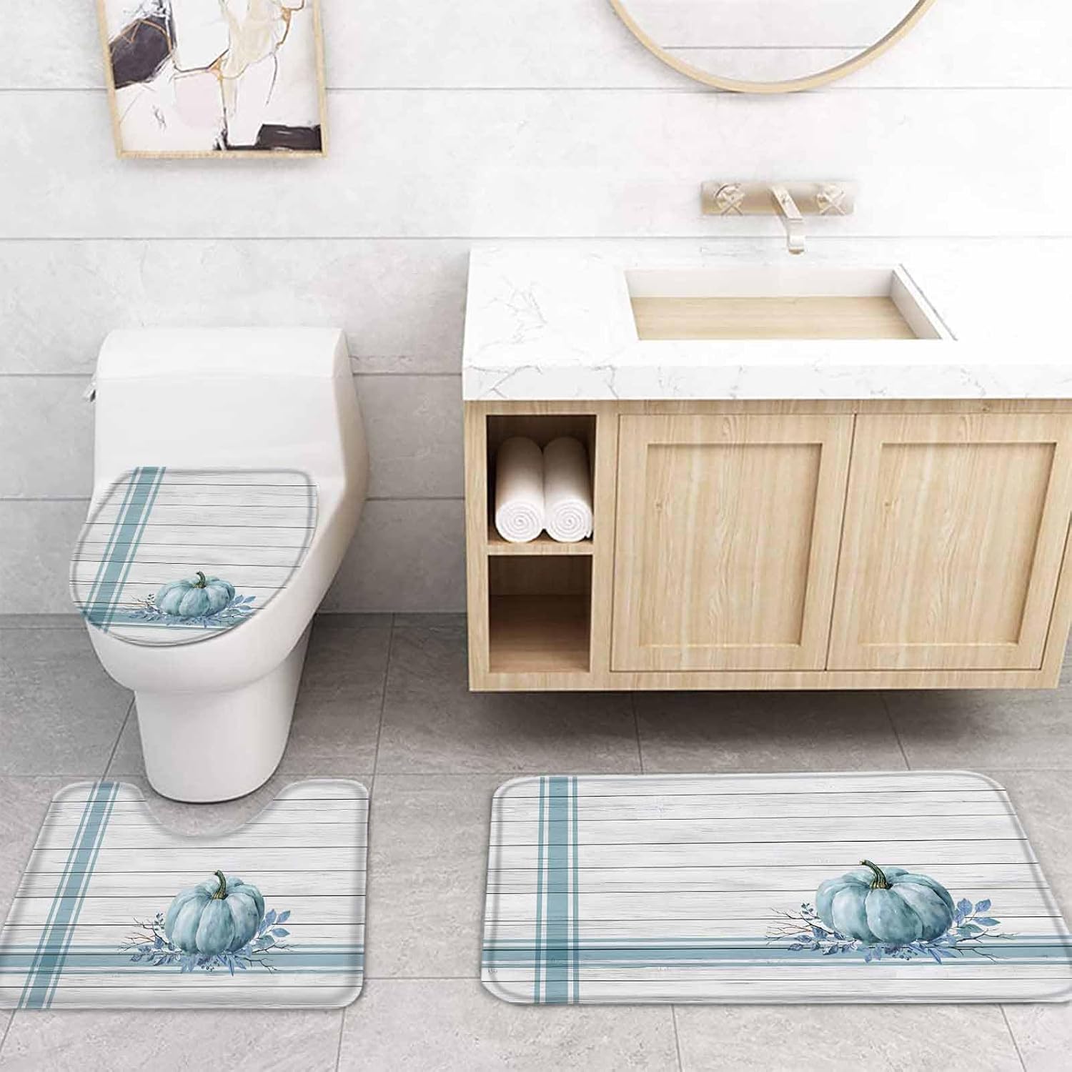 ZOE GARDEN Blue Pumpkin Bathroom Set with Curtain Rug and Accessories