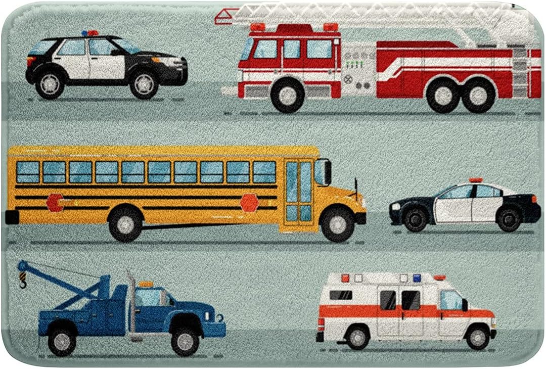 Kids Car Bath Mat Fire Truck Door Mat Non-Slip Bath Rug