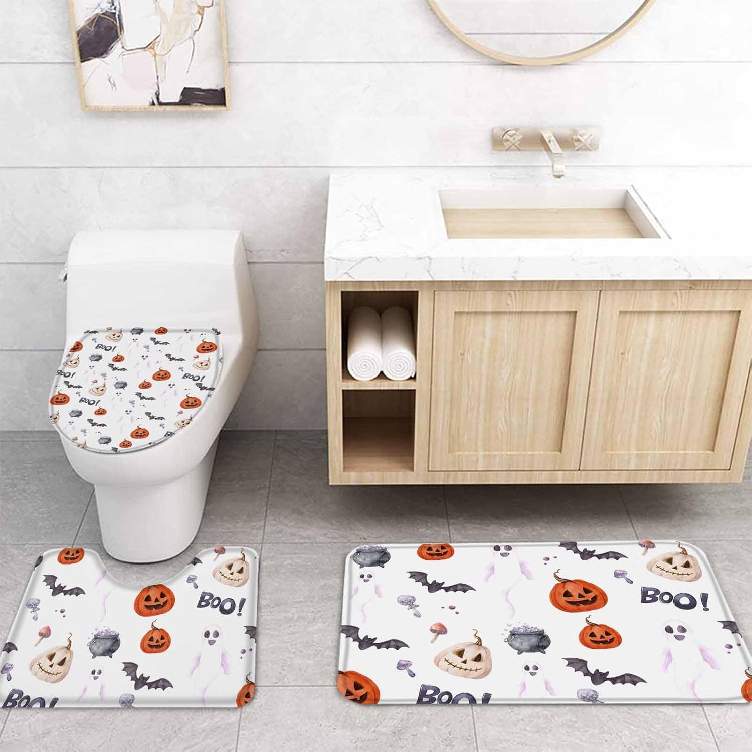 Halloween Bath Set with Curtain Rug and Hooks - 72x72 Inches