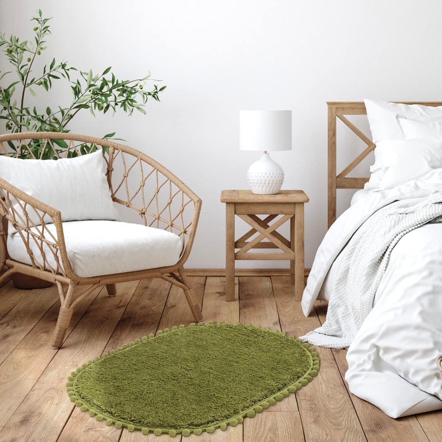 YIRDDEO Olive Green Pom Bath Rug for Bathroom