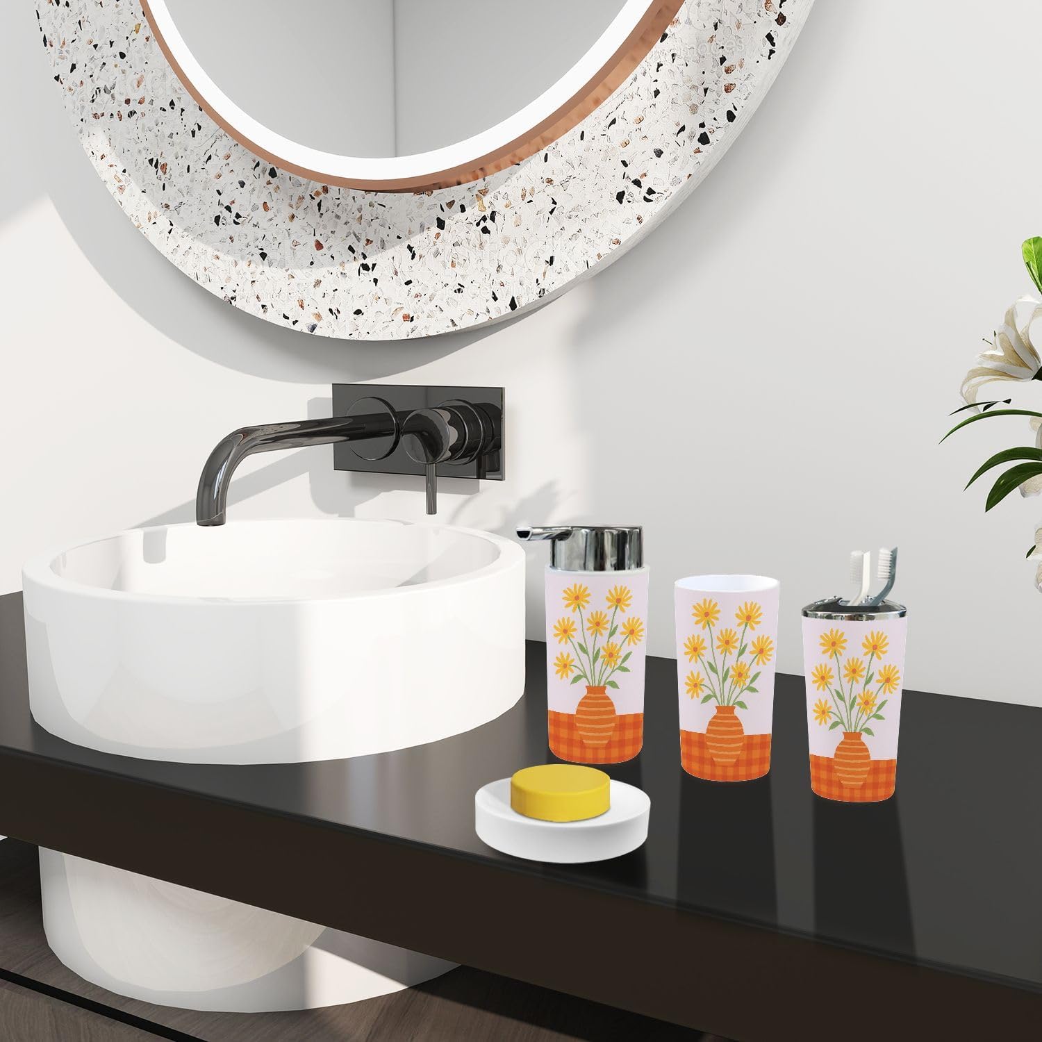 Boho Yellow Flower Vase Bathroom Accessory Set 6 Piece