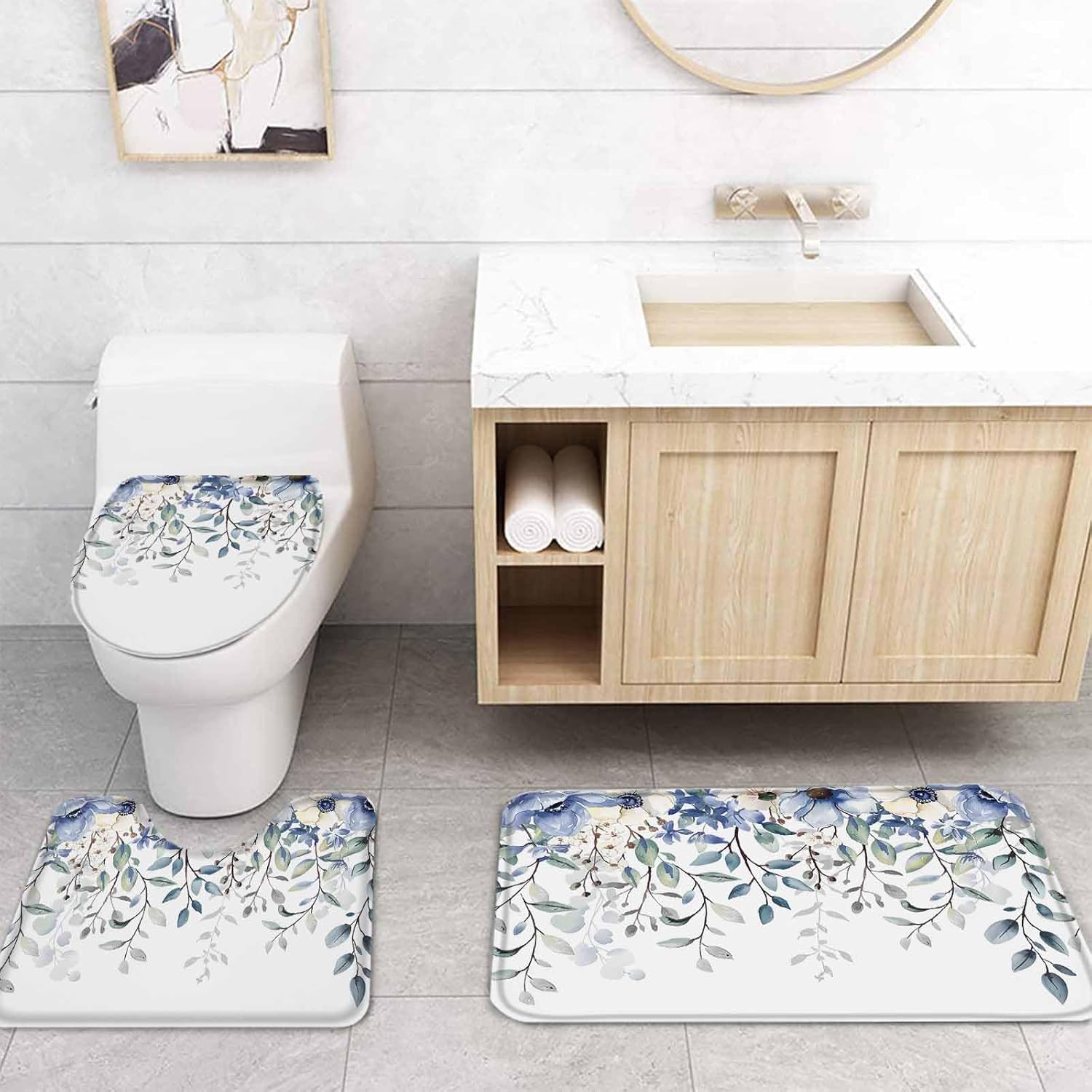 ZOE GARDEN Blue Eucalyptus Bathroom Set with Curtain Rug and Accessories