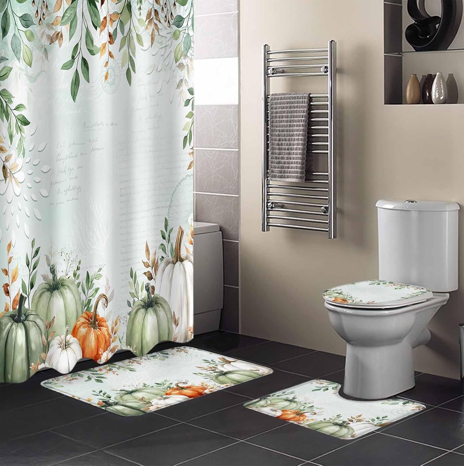 ZOE GARDEN Autumn Pumpkin Bath Set with Curtain Rug and Hooks 1