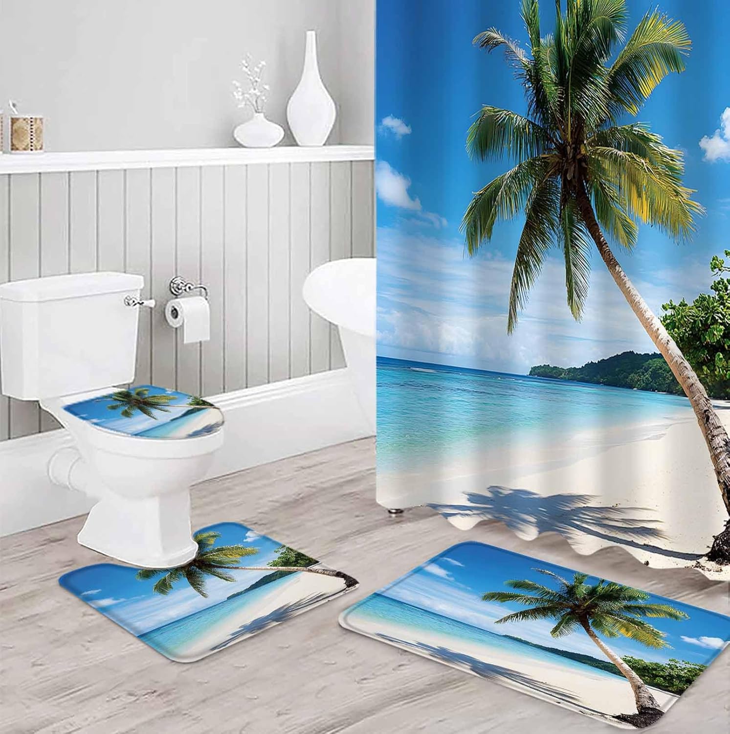 Ocean Beach Bathroom Set with Curtain Rug and Accessories