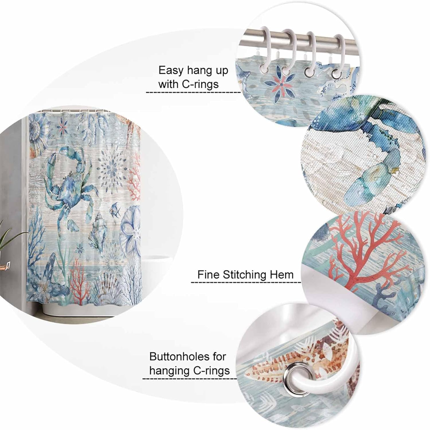 ZOE GARDEN Retro Blue Bathroom Set with Curtain Rug and Hooks