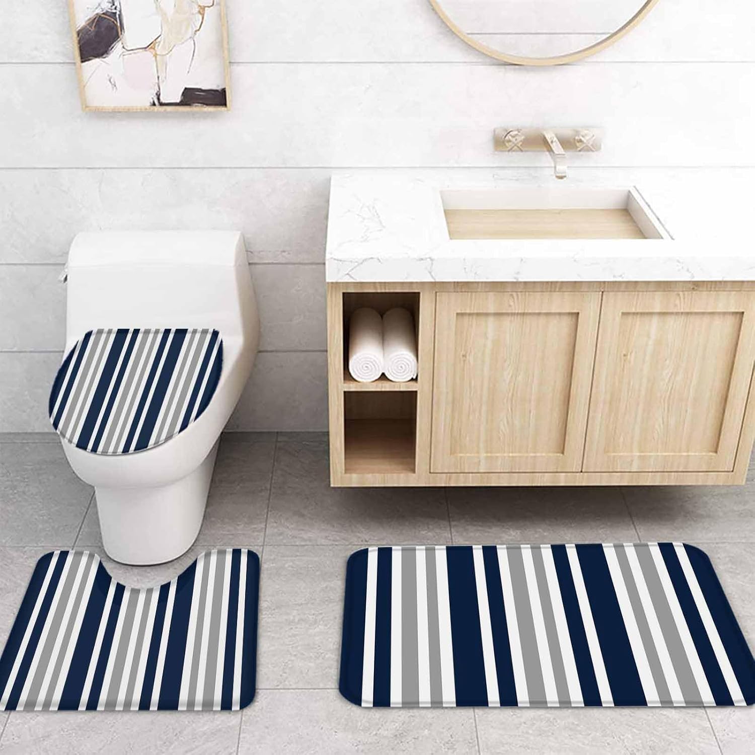 Navy Blue Grey Bathroom Set with Curtain Rug and Accessories 1
