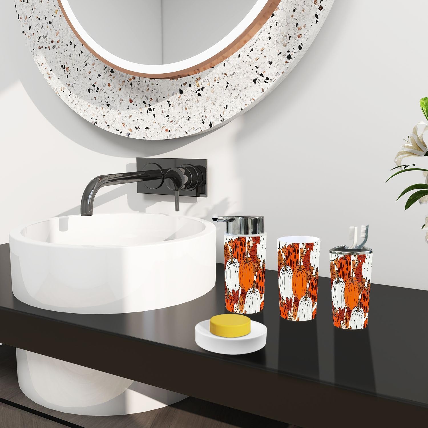 Bathroom Accessory Set 6 Pieces Boho Leopard Orange Pattern