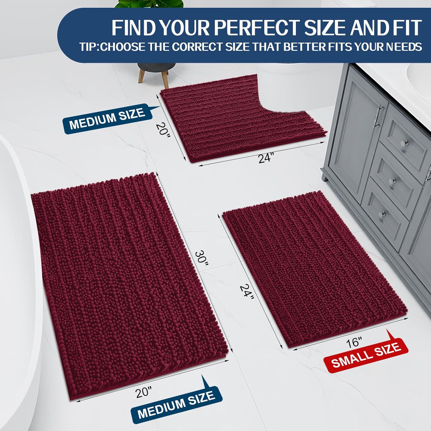 Arotive Luxury Chenille Bath Rug Mat 47x24 Burgundy