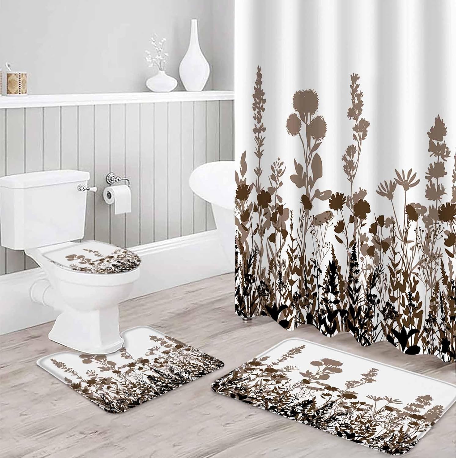Brown Botanical Bathroom Set with Rug and Hooks
