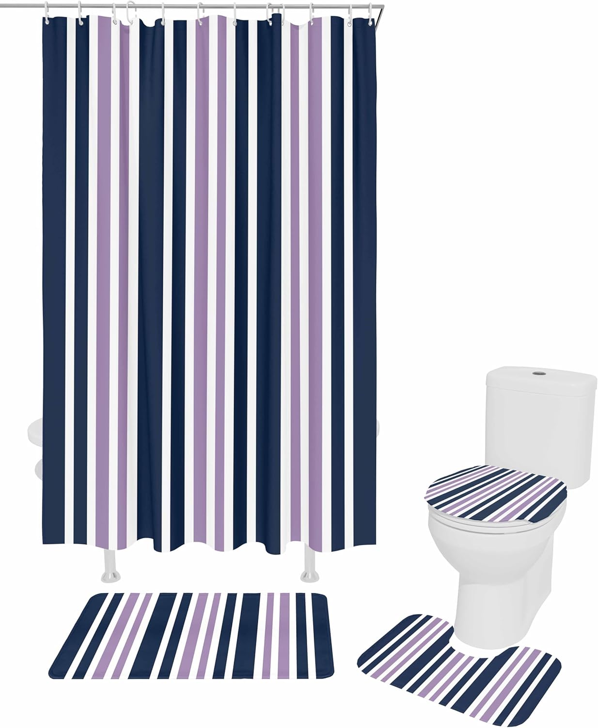 Navy Purple Bathroom Set with Shower Curtain Rug and Accessories
