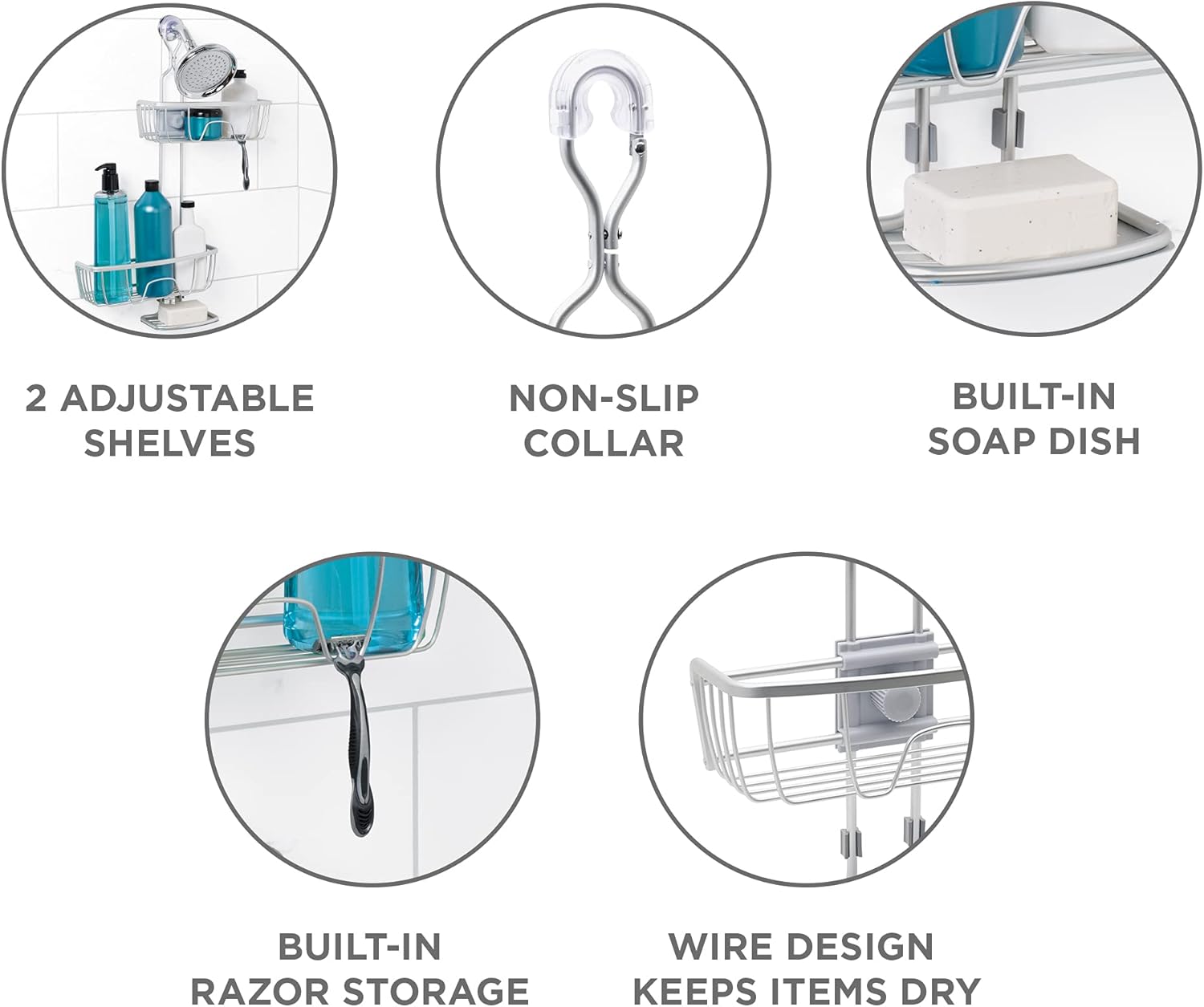 Zenna Home NeverRust Shower Caddy with Adjustable Shelves and Hooks