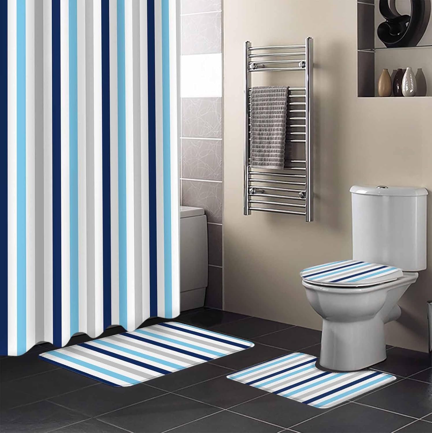 ZOE GARDEN Navy Blue Stripe Bathroom Set