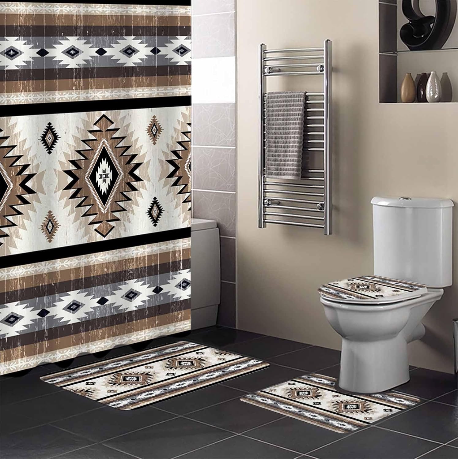 Brown Southwest Bathroom Set with Shower Curtain and Rug