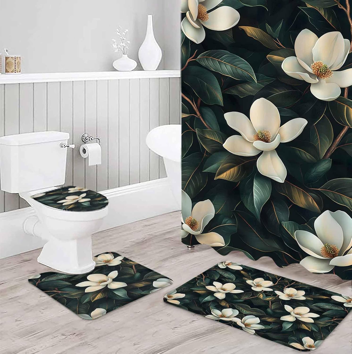 Floral Bathroom Set with 36x72 Inch Curtain and Rug
