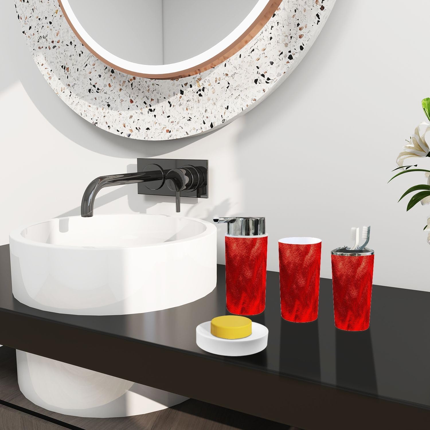 Boho Bathroom Accessory Set 6 Piece Red Foil Glitter Aluminum Shiny Ombre