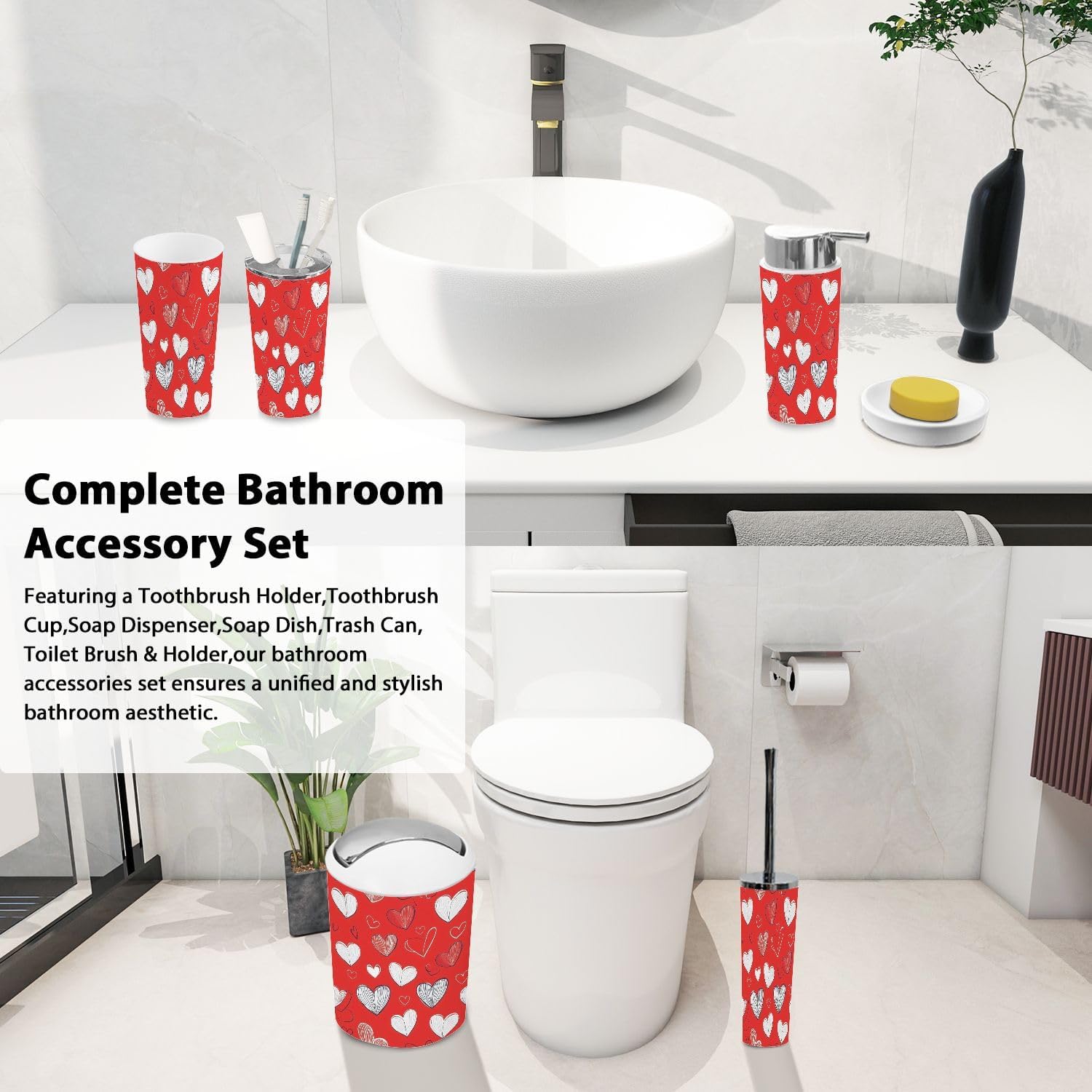 Boho Cute Hearts Bathroom Accessories Set 6 Piece