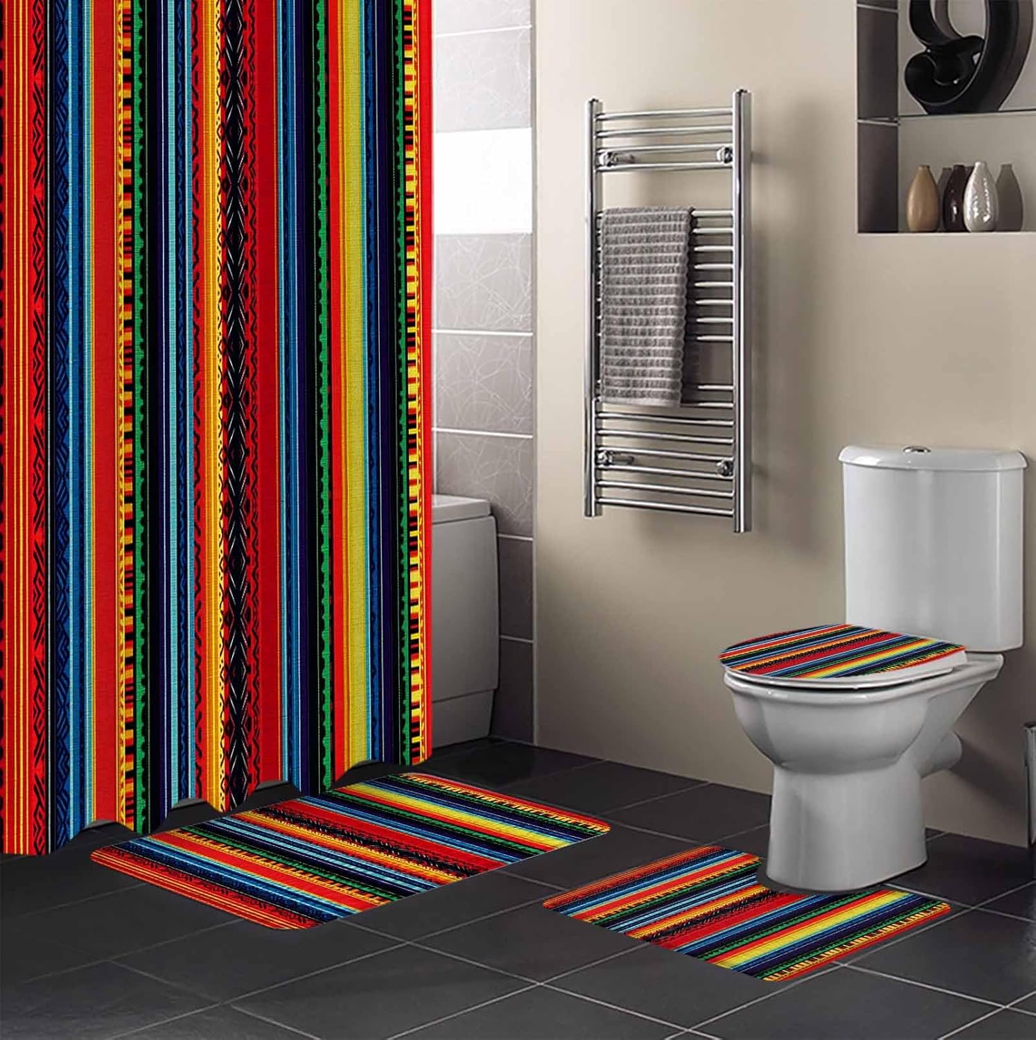 Rainbow Stripe Bathroom Set with Curtain Rug Hooks