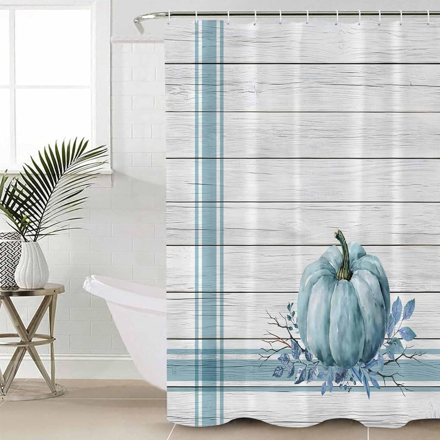 ZOE GARDEN Blue Pumpkin Bathroom Set with Curtain Rug and Accessories