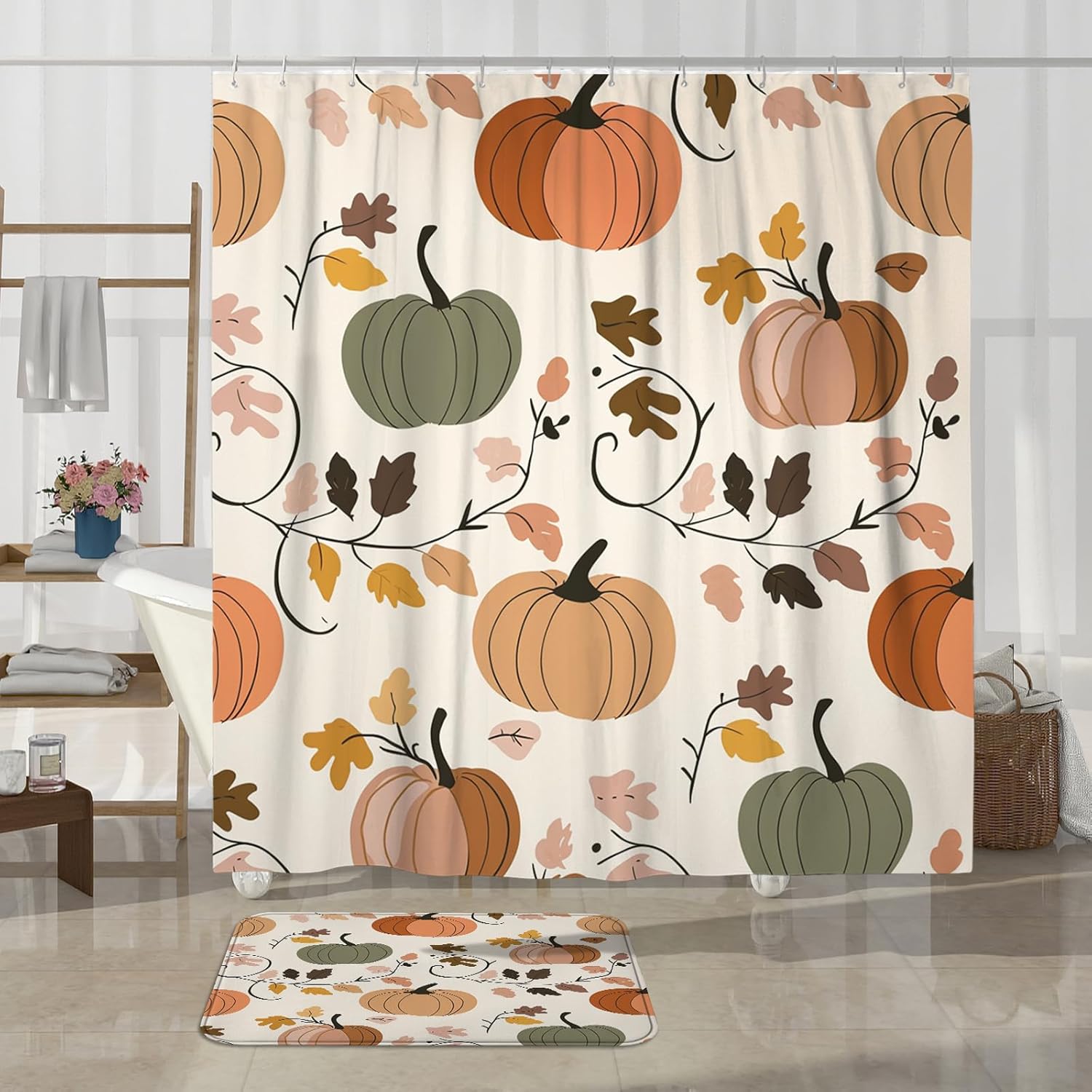 4PCS Fall Cream Pumpkin Bathroom Set with Non-Slip Rug and U Shape