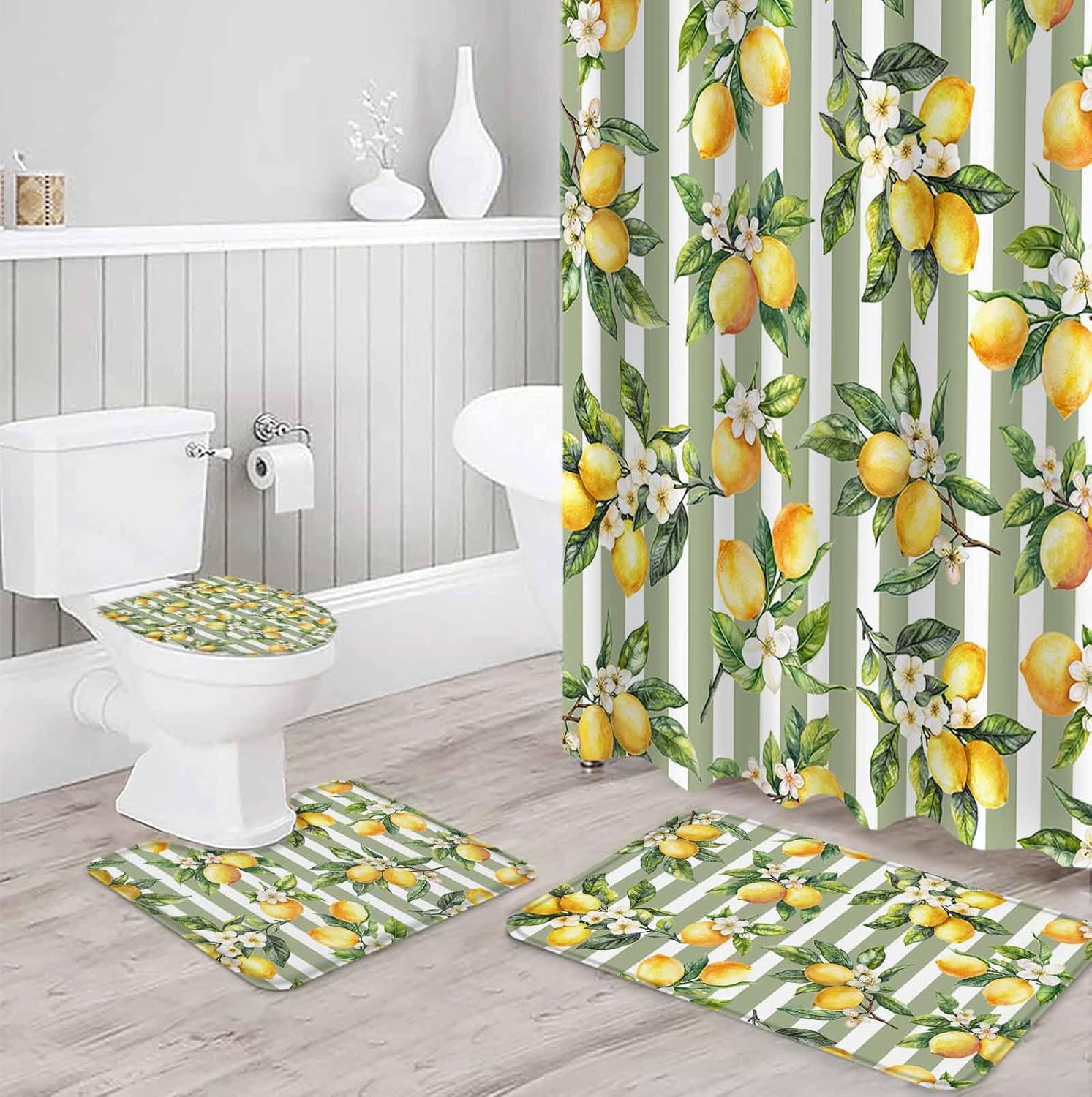 ZOE GARDEN Lemon Strope Bathroom Set with Curtain Rug and Accessories 1