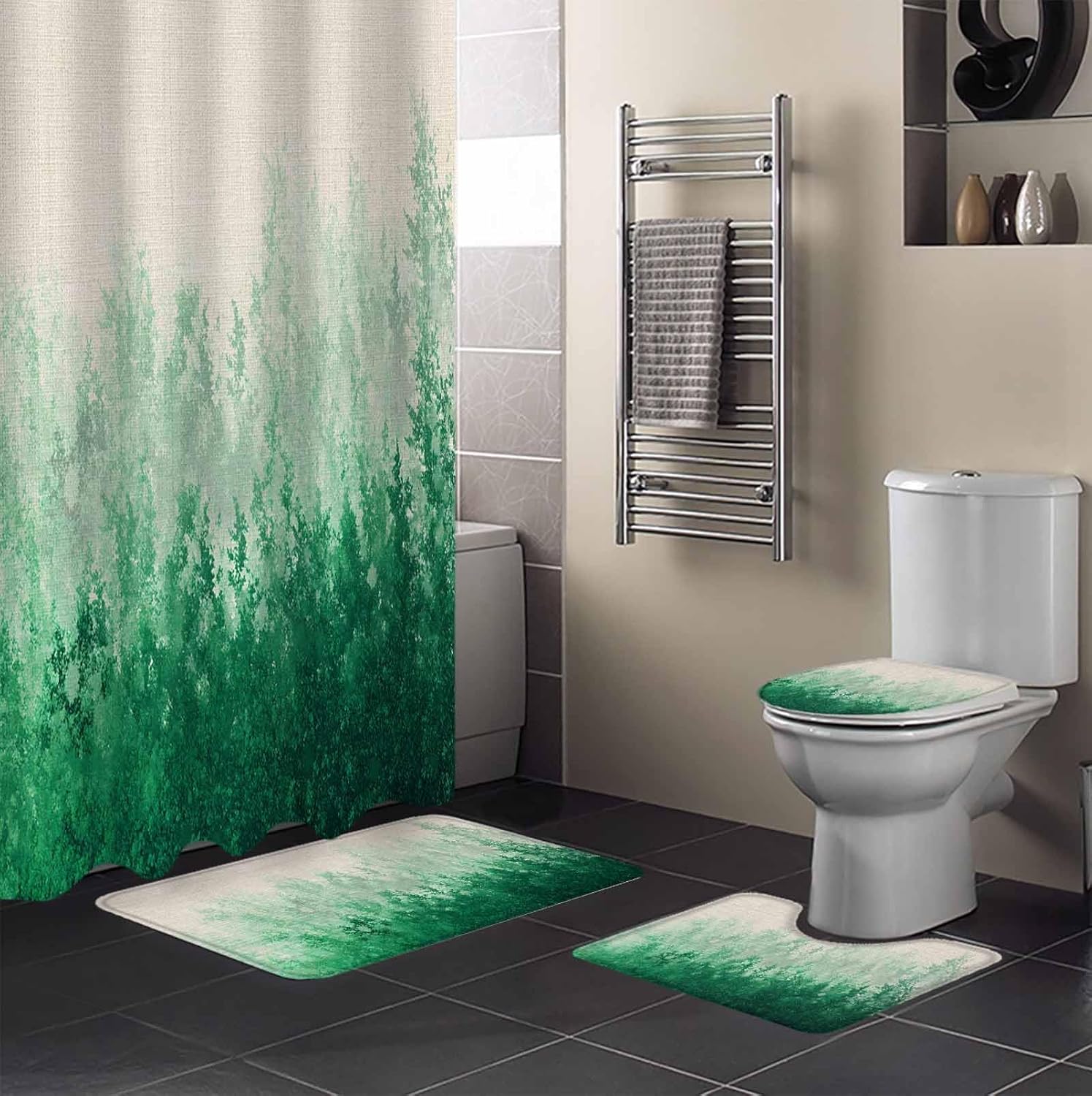 Forest Green Bathroom Set with Shower Curtain Rug and Accessories