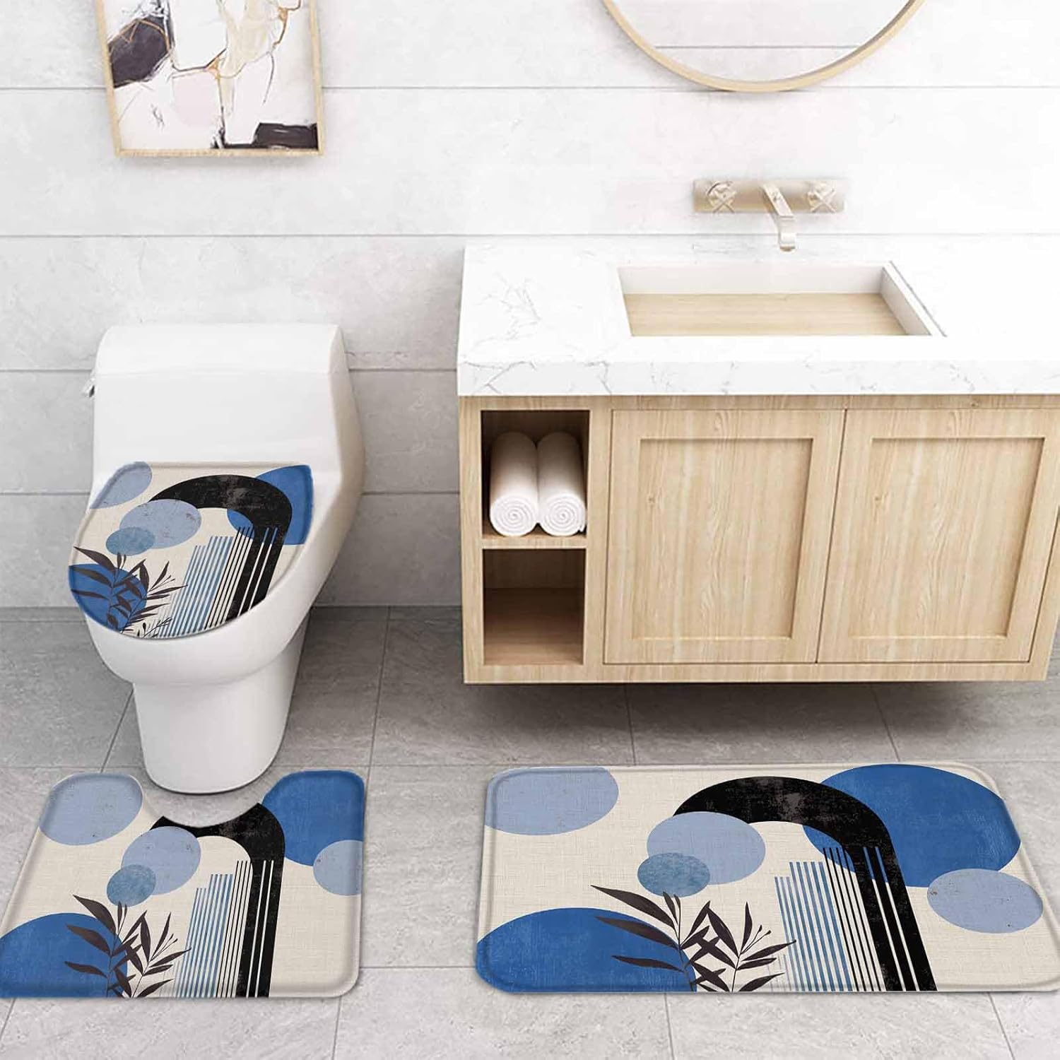 Boho Blue Bathroom Set with Curtain Rug and Hooks