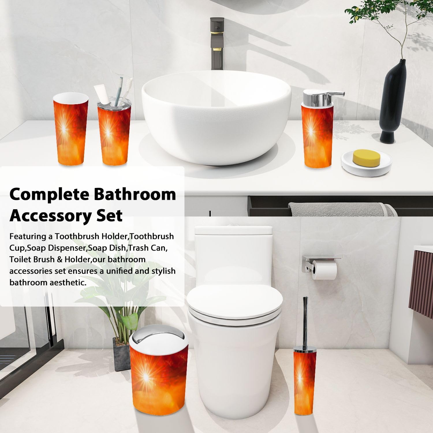 Boho Summer Orange Bathroom Accessory Set 6 Piece