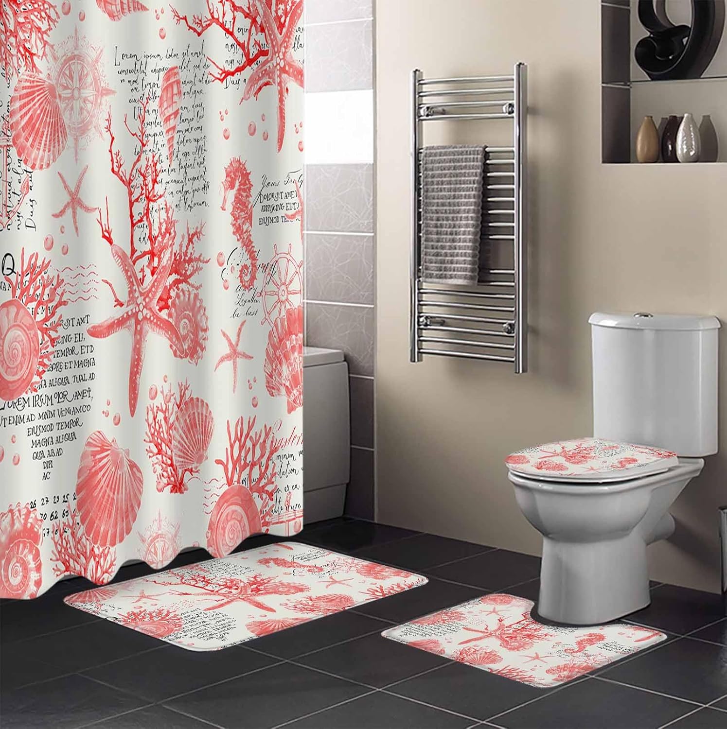ZOE GARDEN Red Coastal Bath Set with Curtain Rug and Accessories