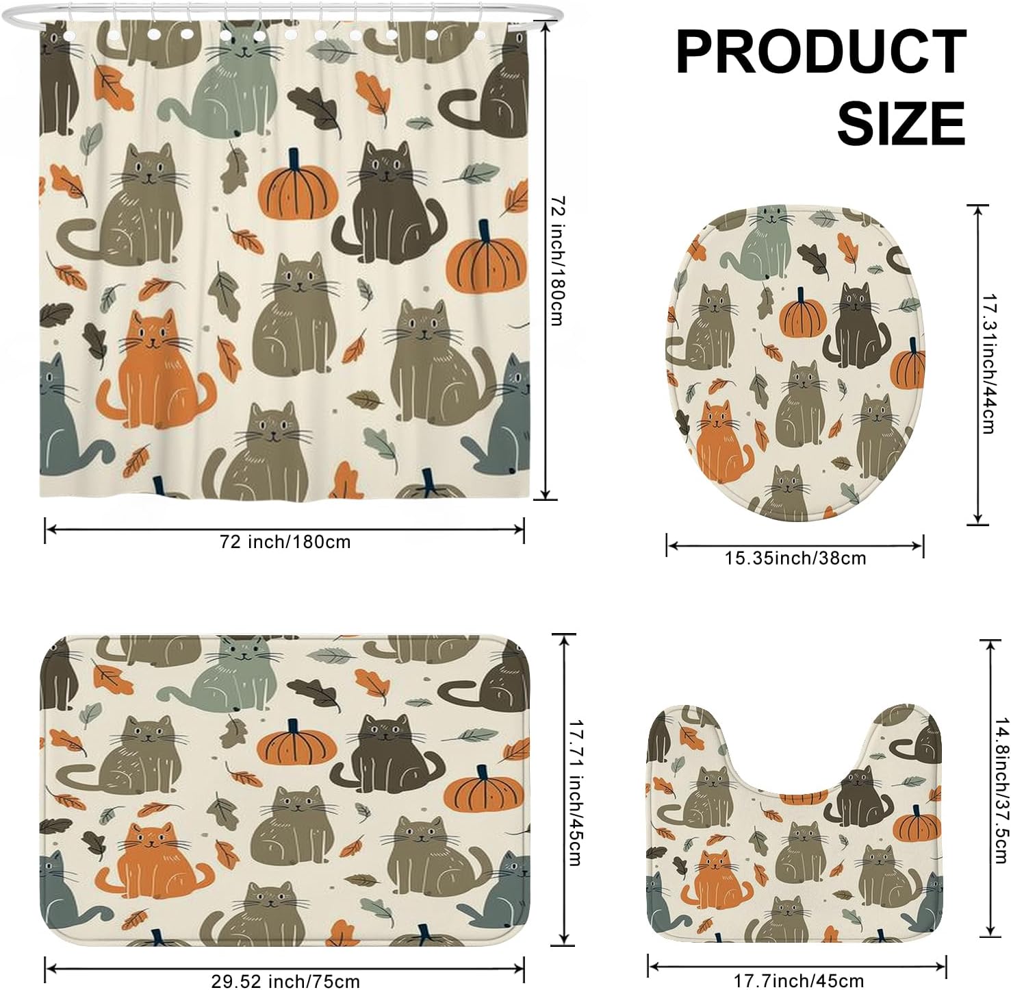 4PCS Fall Kawaii Cat Bathroom Set with Non-Slip Rug