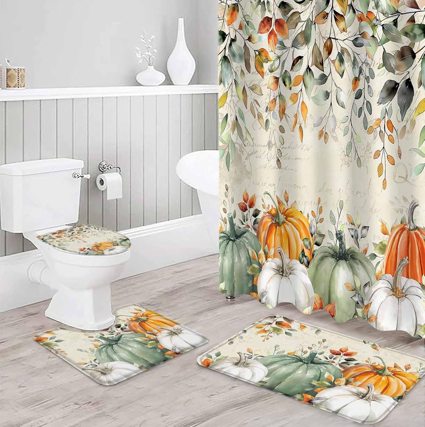 Thanksgiving Bathroom Set with Curtain Rug and Hooks