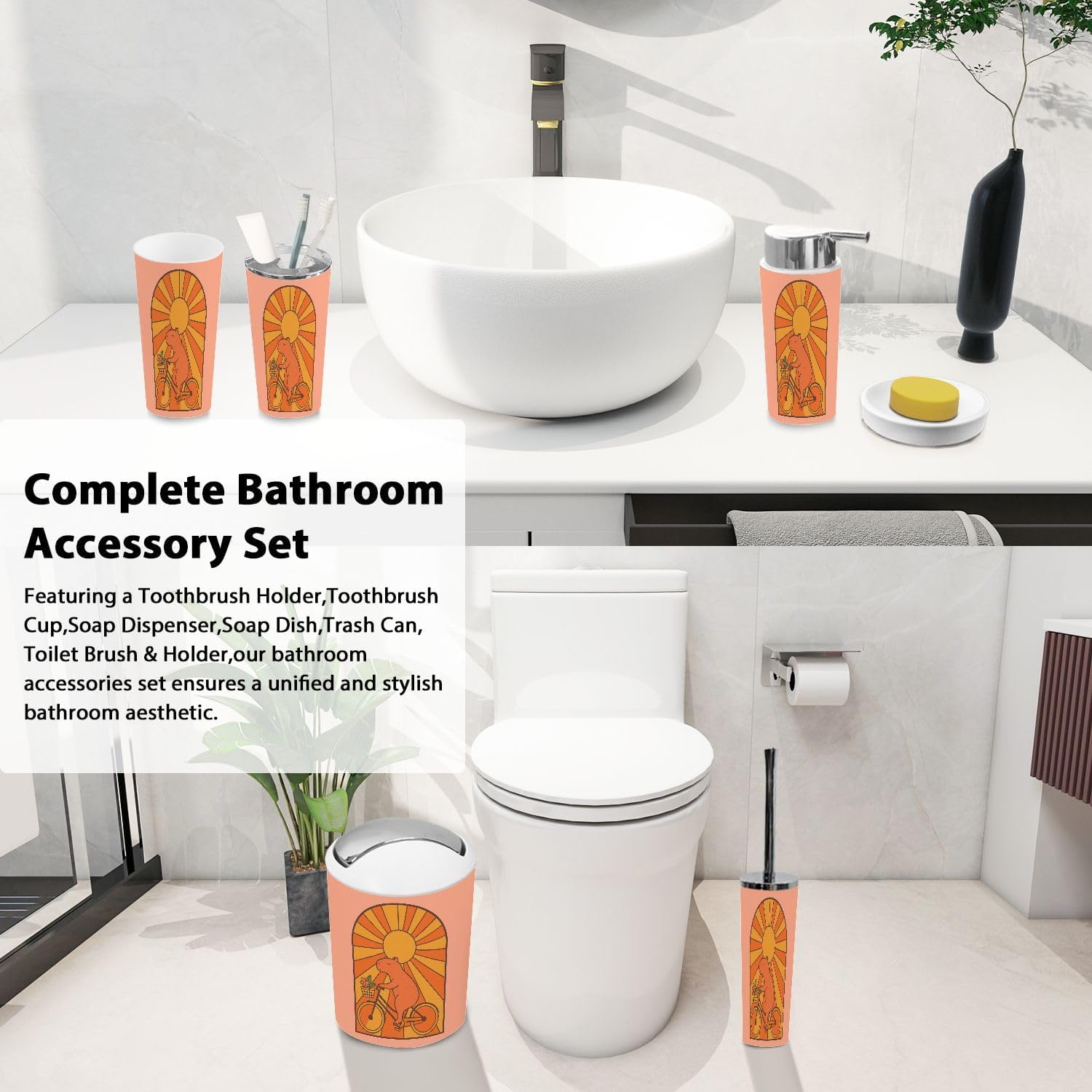 Boho Cute Capybara Bathroom Accessories Set 6 Piece