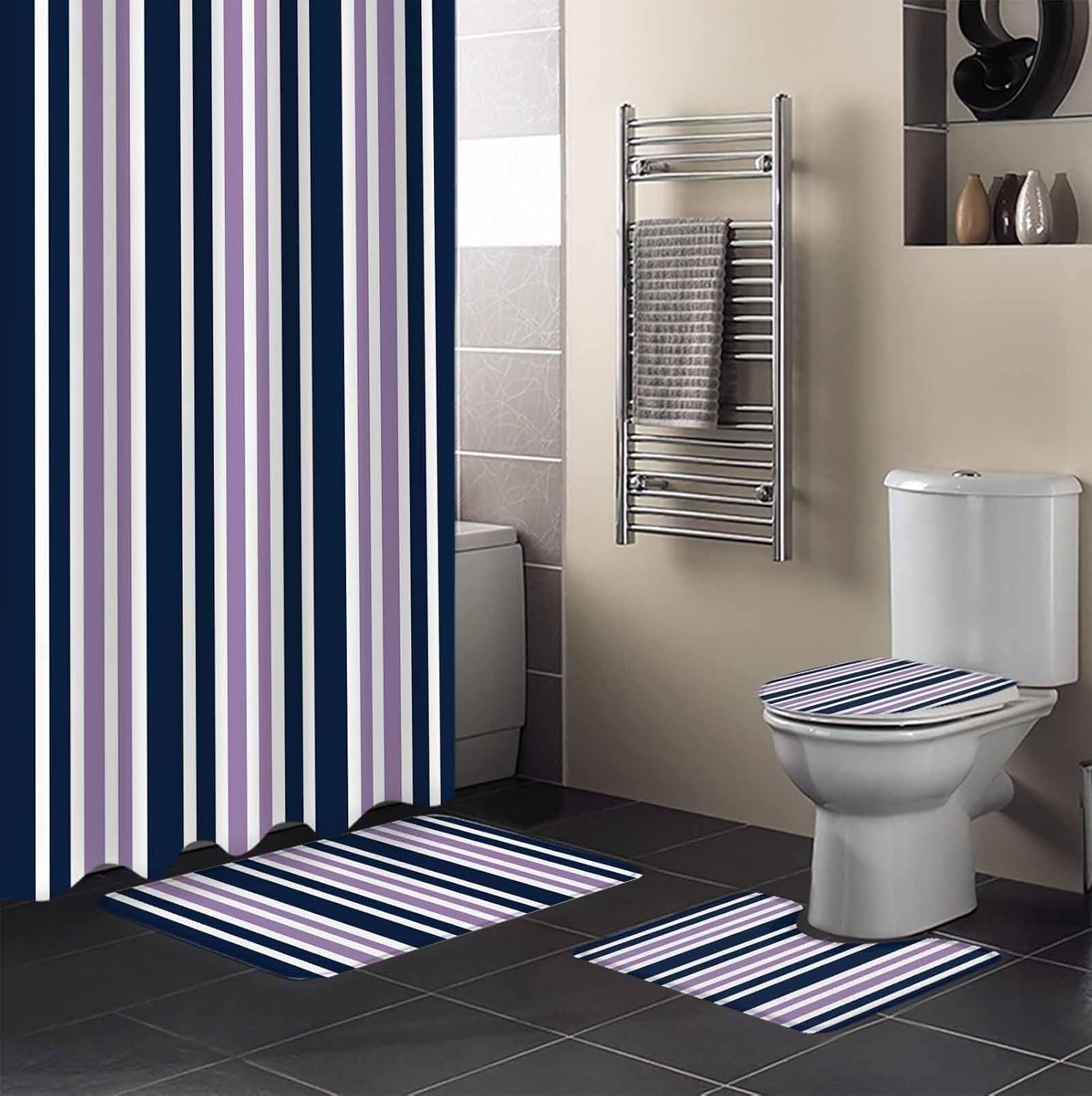 Navy Purple Bathroom Set with Shower Curtain Rug and Accessories