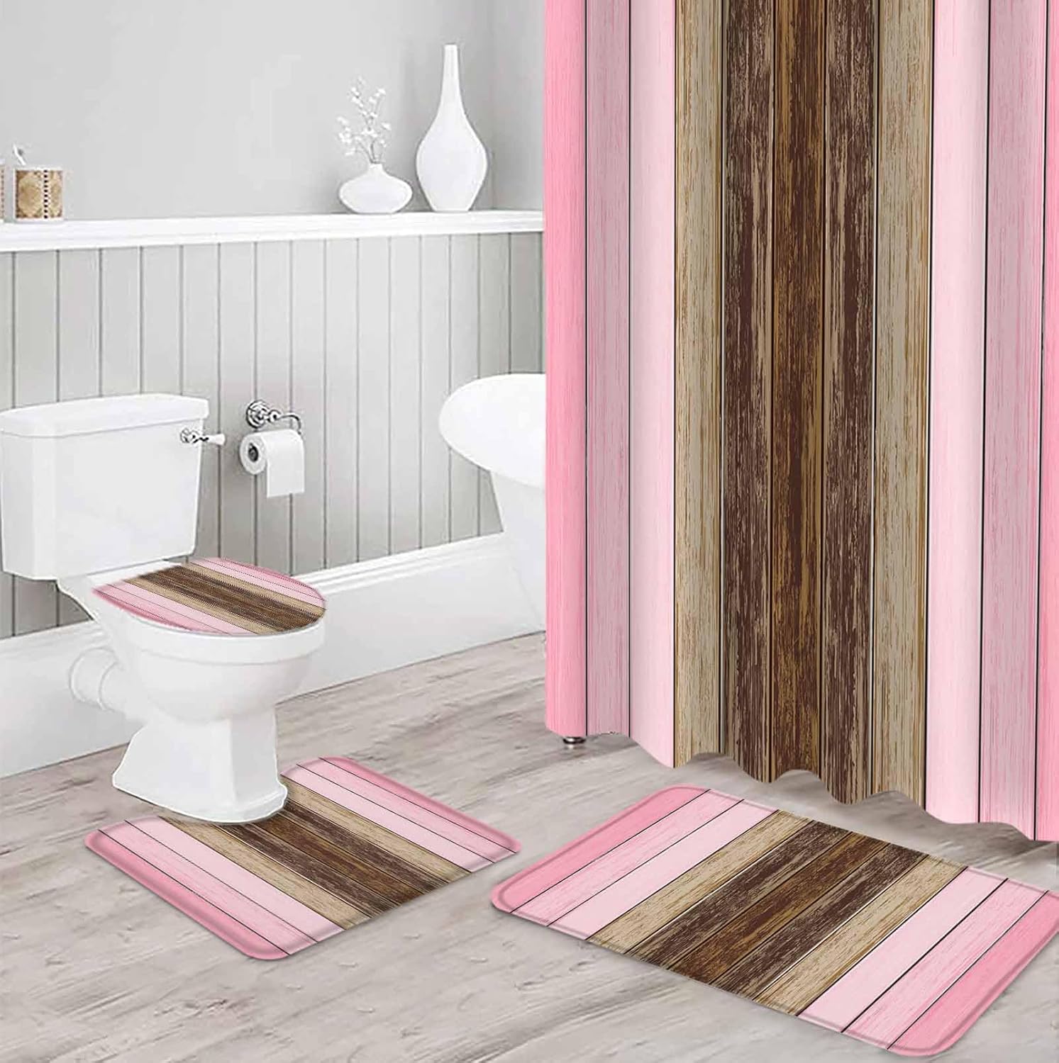 Pink Brown Wood Grain Bathroom Set with Shower Curtain Rug and Accessories