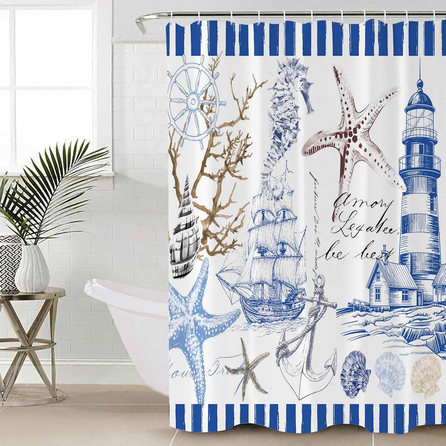 Coastal Blue Bathroom Set with Shower Curtain Rug and Accessories