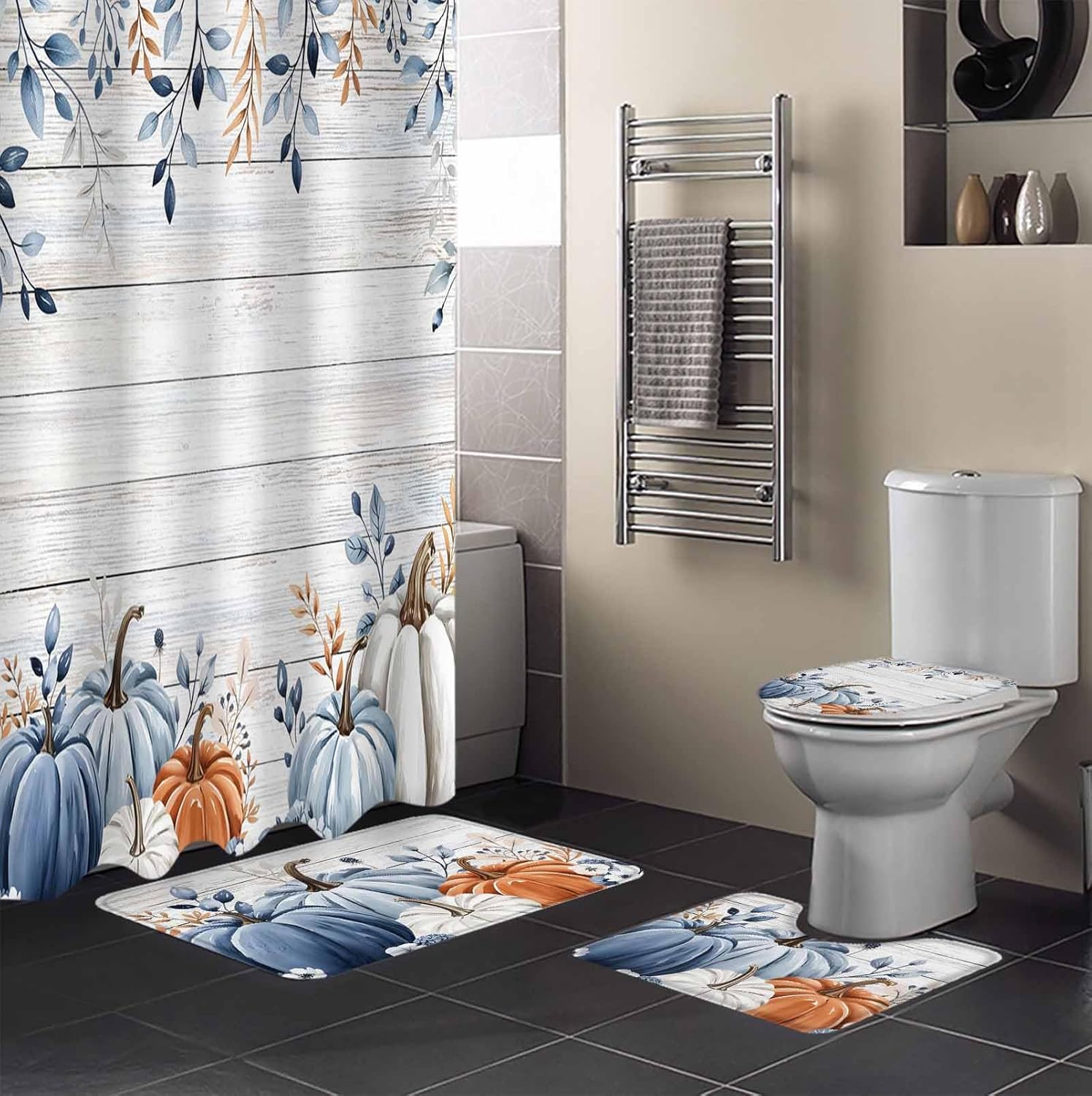 Thanksgiving Autumn Bathroom Set with Rug and Hooks 1