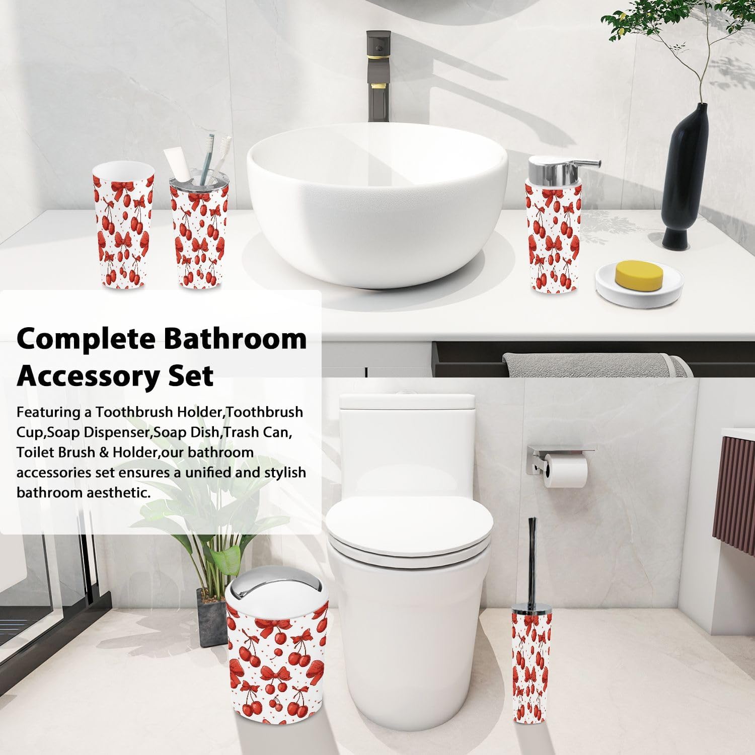 Boho Bathroom Accessory Set 6 Piece Red Cherry Bow Print