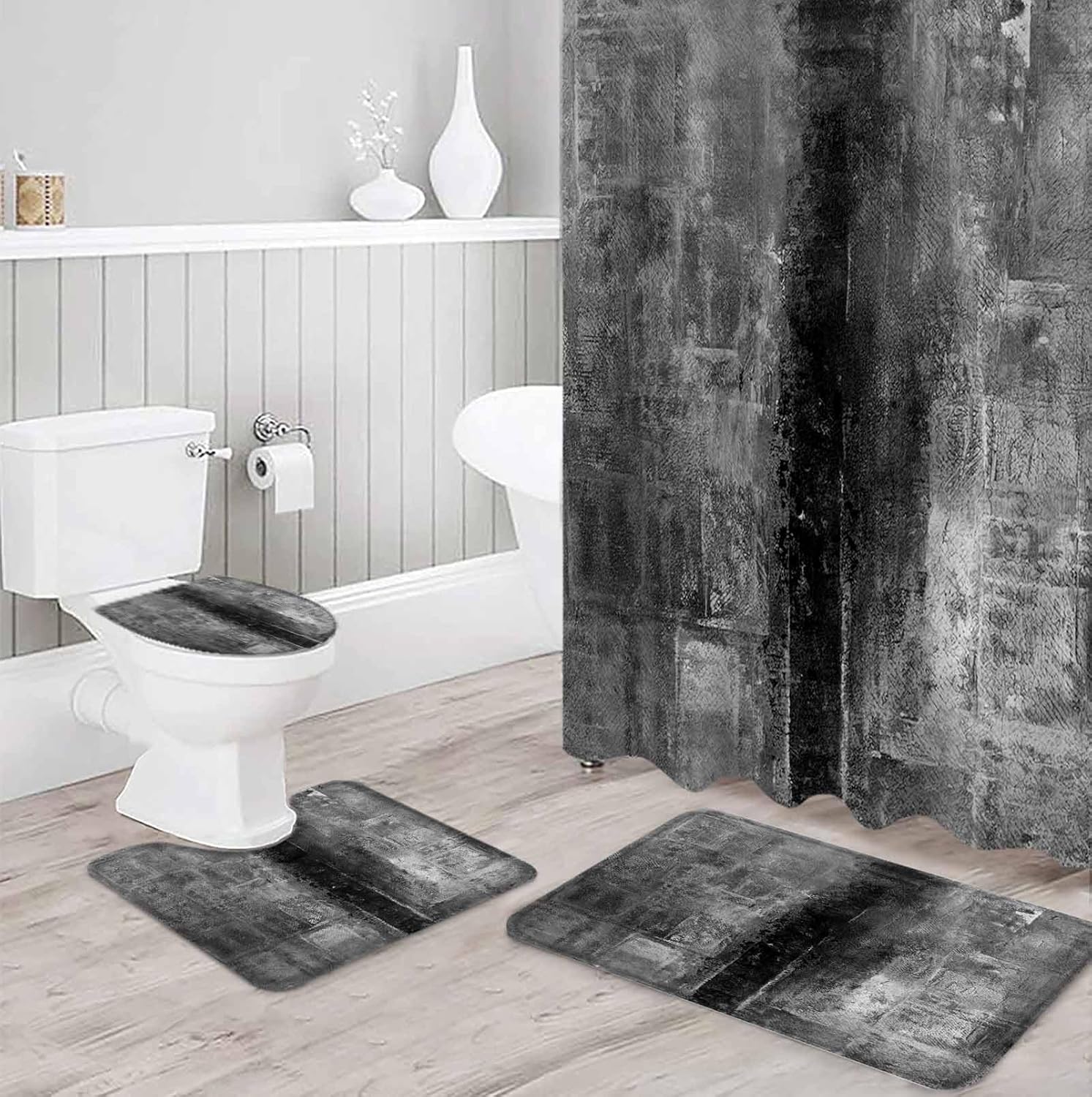 ZOE GARDEN Retro Grey Bathroom Set with Shower Curtain and Rug