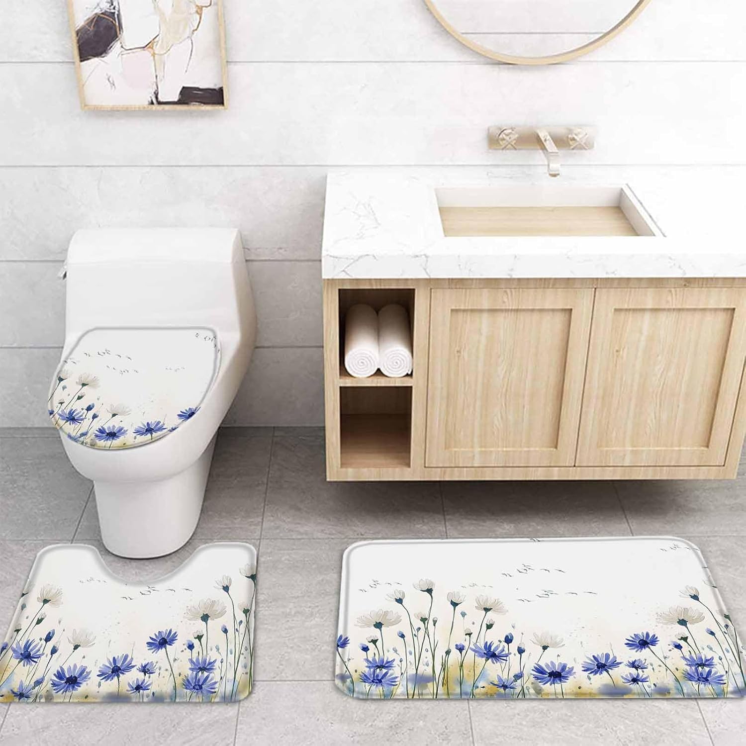 ZOE GARDEN Blue Daisy Bath Set with Curtain Rug and Hooks