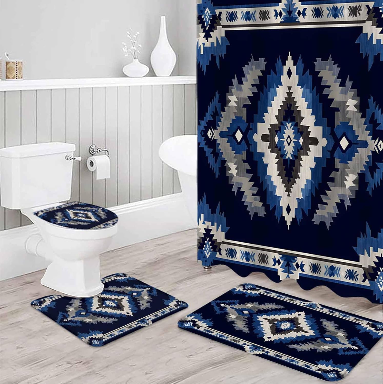 ZOE GARDEN Navy Blue Aztec Bathroom Set